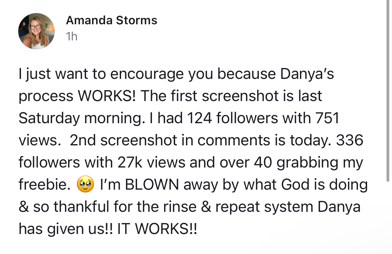 Student message showing follower and view growth and thanking God for the rinse-and-repeat system