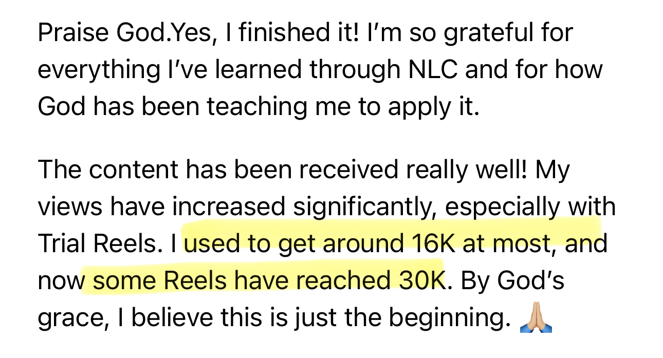 Student sharing significant Reels growth from 16K to 30K views after learning NLC