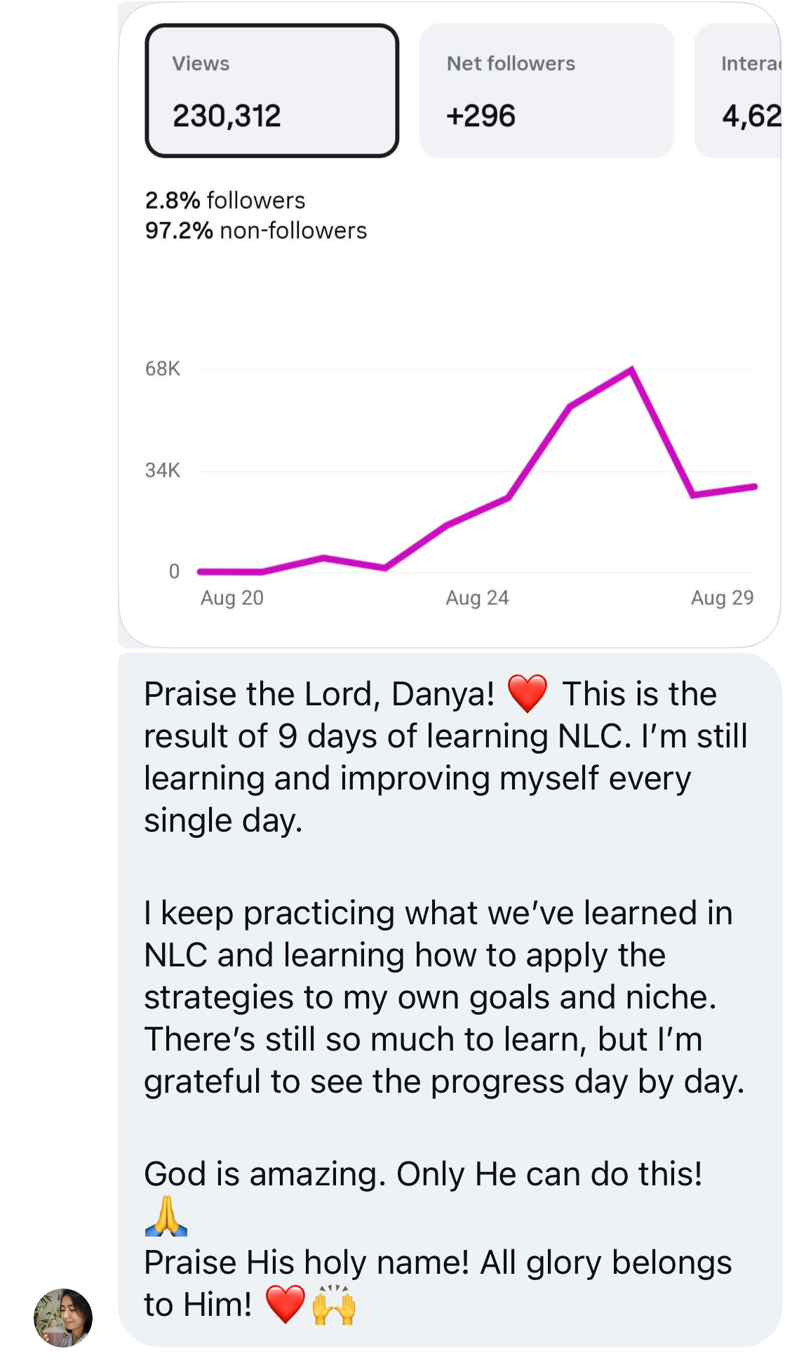Student showing engagement growth and a message of gratitude after nine days of NLC