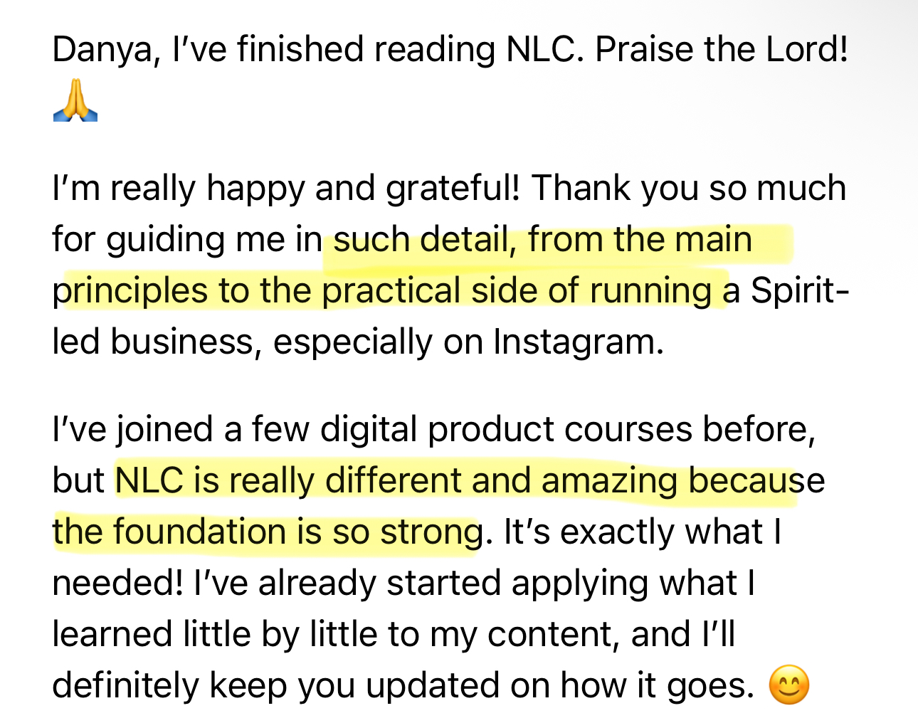 Student message praising the detail and Spirit-led business guidance in NLC