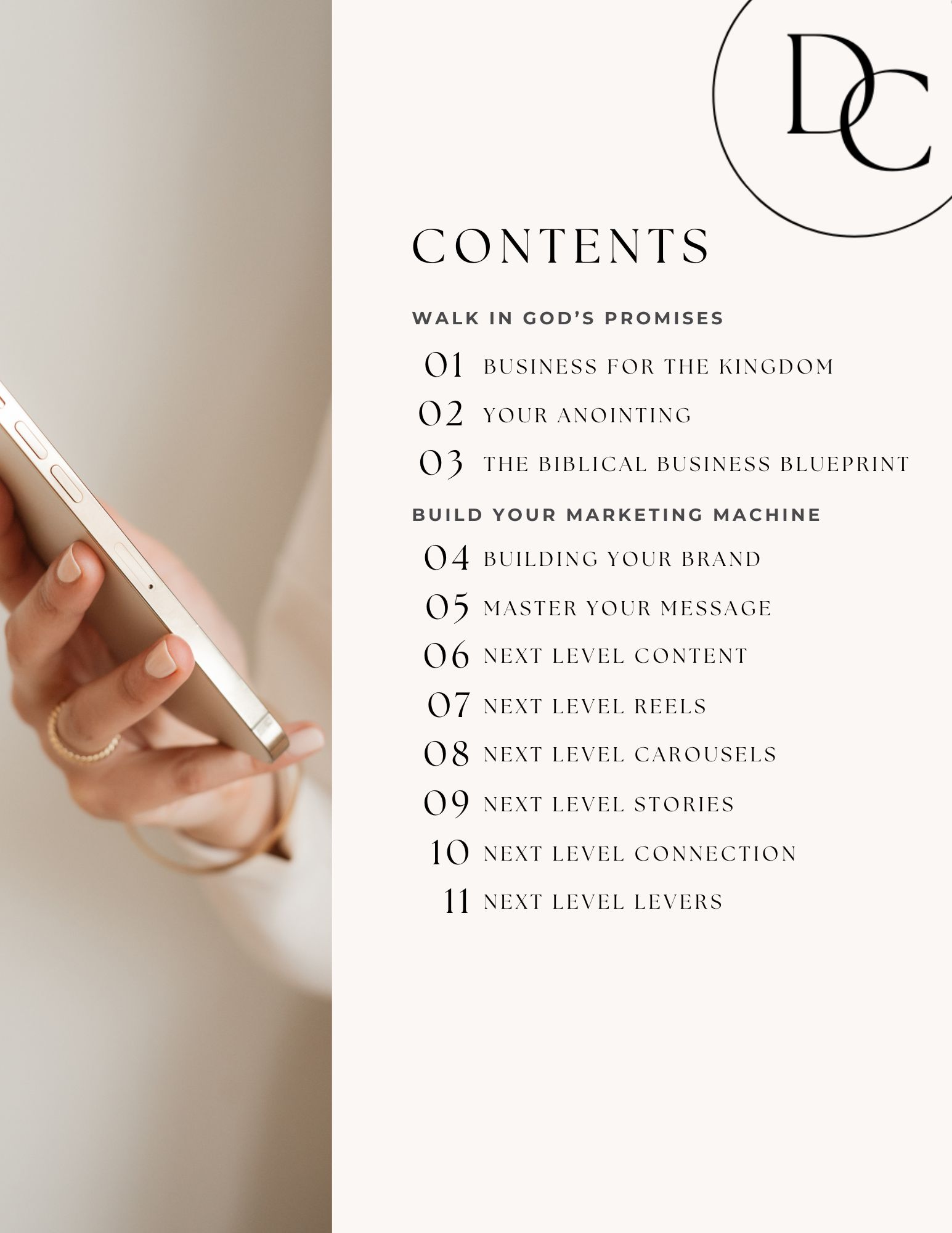 Next Level Content table of contents showing all eleven chapters across two sections