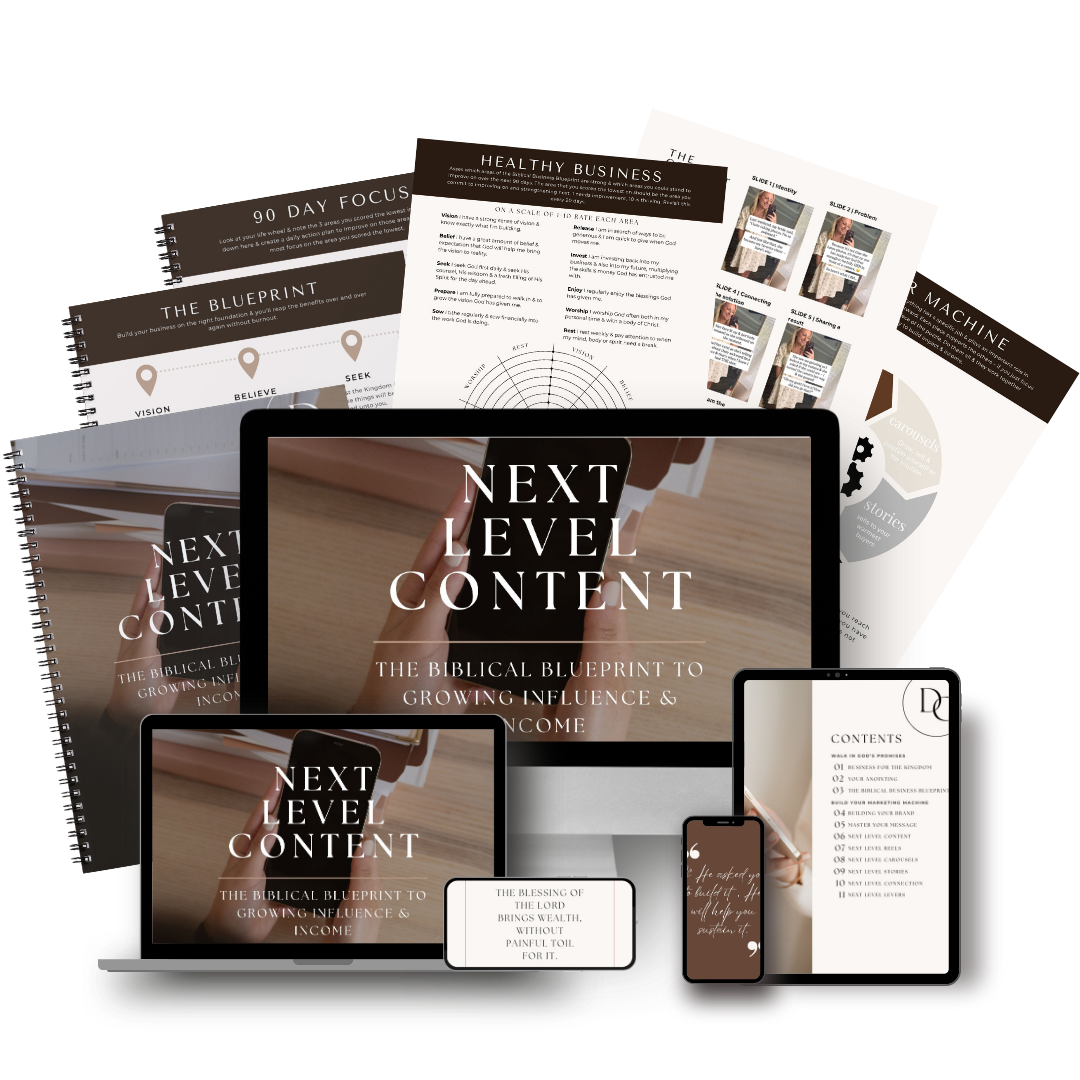 Next Level Content program shown across desktop, tablet, mobile, and printed resources