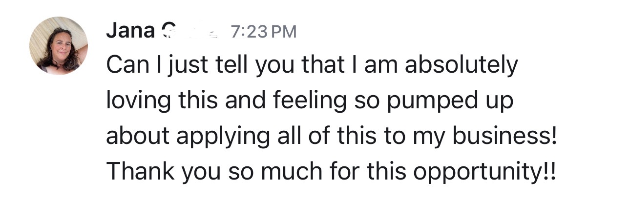 Student message about feeling pumped to apply NLC to her business