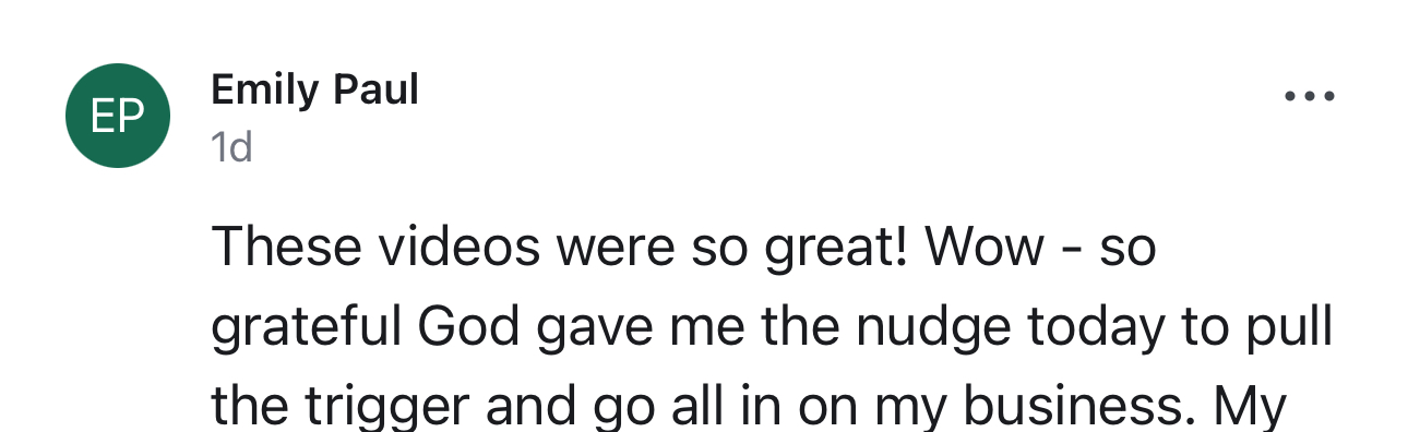 Student message about being grateful for the nudge to go all in on her business